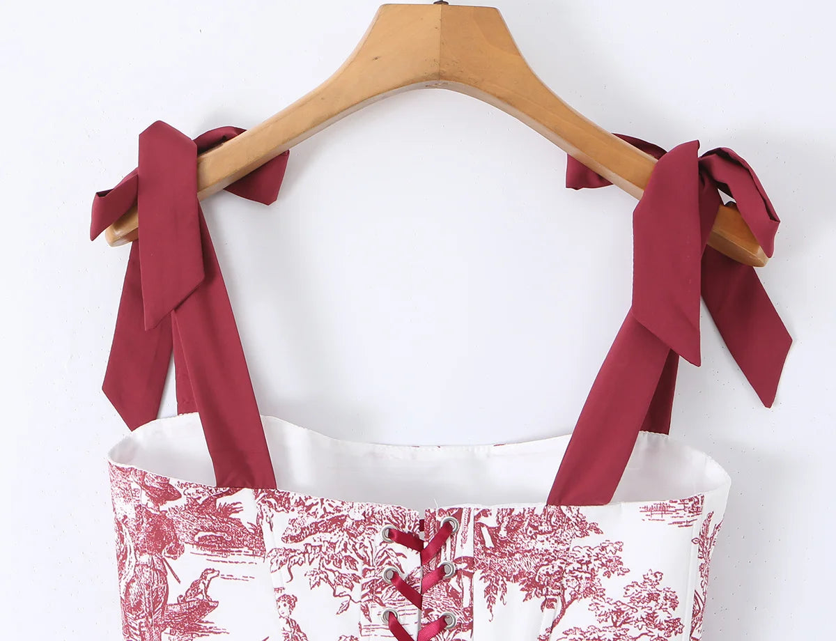 Sexy Women's Print Corset Top Bow Tie Straps Lacing Up Back Top