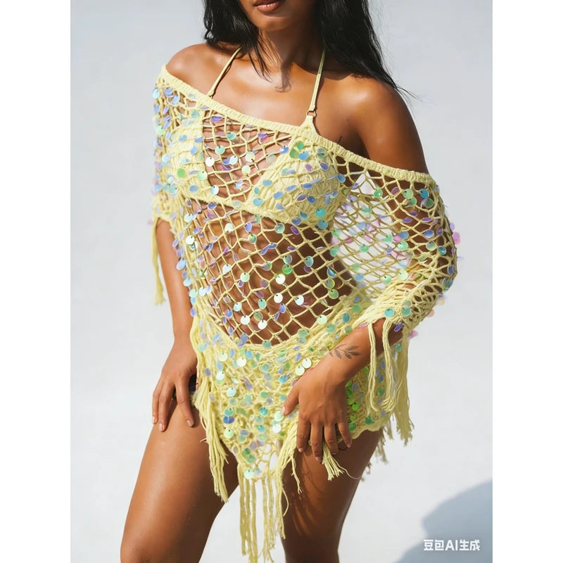 Crochet Beach Cover Up For Women Lightweight Triangle Tassel Hem Sequins Off Shoulder Poncho