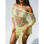 Crochet Beach Cover Up For Women Lightweight Triangle Tassel Hem Sequins Off Shoulder Poncho