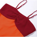 Orange Color Blocking Scarf Collar Maxi Dress For Lady Sleek Cinched Waist Bodycon Silhouette