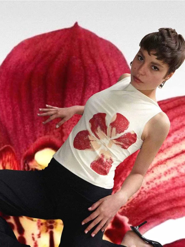 Floral Print Crop Tank Top For Women Fitted Boat Neck Sleeveless
