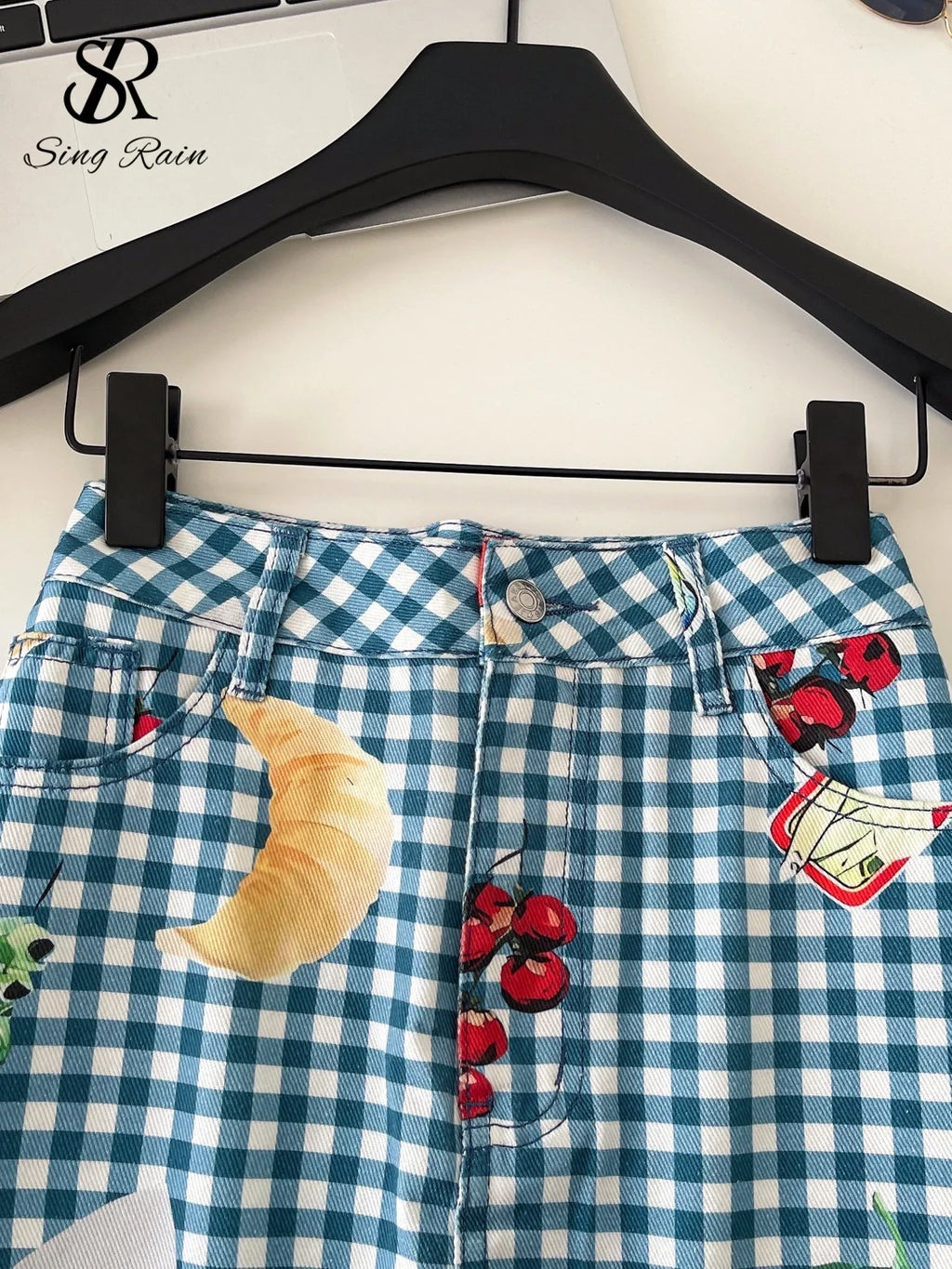 Retro Fruit Plaid Mini Skirt With Button Detail A Line