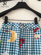 Retro Fruit Plaid Mini Skirt With Button Detail A Line
