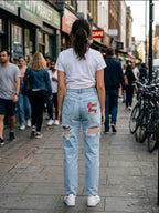Edgy Vintage Streetwear Denim Jeans With High Waist Ripped Back Panels Embroidered Letter Print Straight Leg