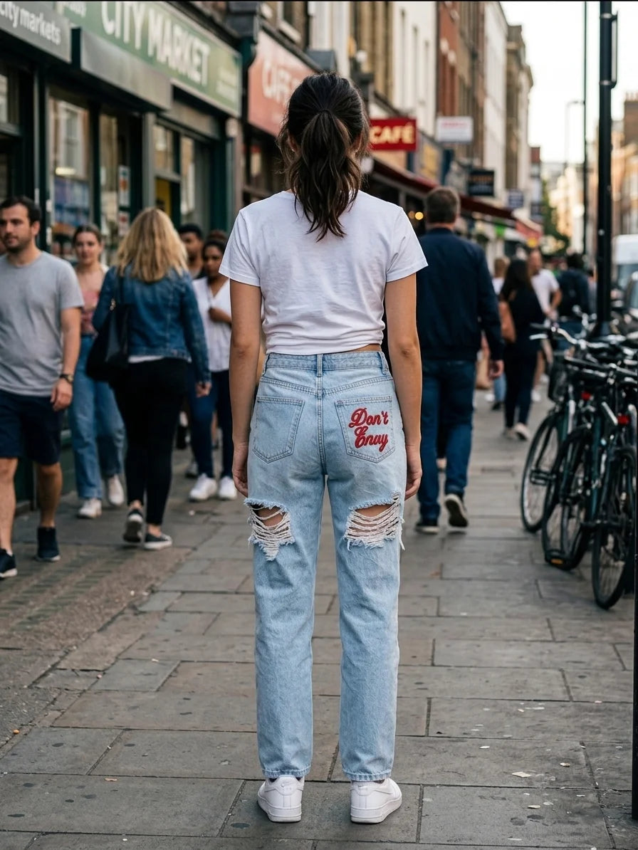 Edgy Vintage Streetwear Denim Jeans With High Waist Ripped Back Panels Embroidered Letter Print Straight Leg