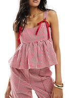 Women Plaid Tank Tops Spaghetti Strap Square Neck Peplum Cami Top Ruffle Smocked