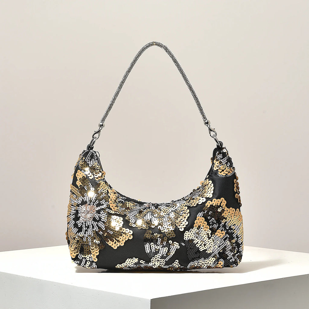 Floral Embroidered Sequin Shoulder Bag For Women Crescent Shape Evening Purse