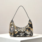 Floral Embroidered Sequin Shoulder Bag For Women Crescent Shape Evening Purse