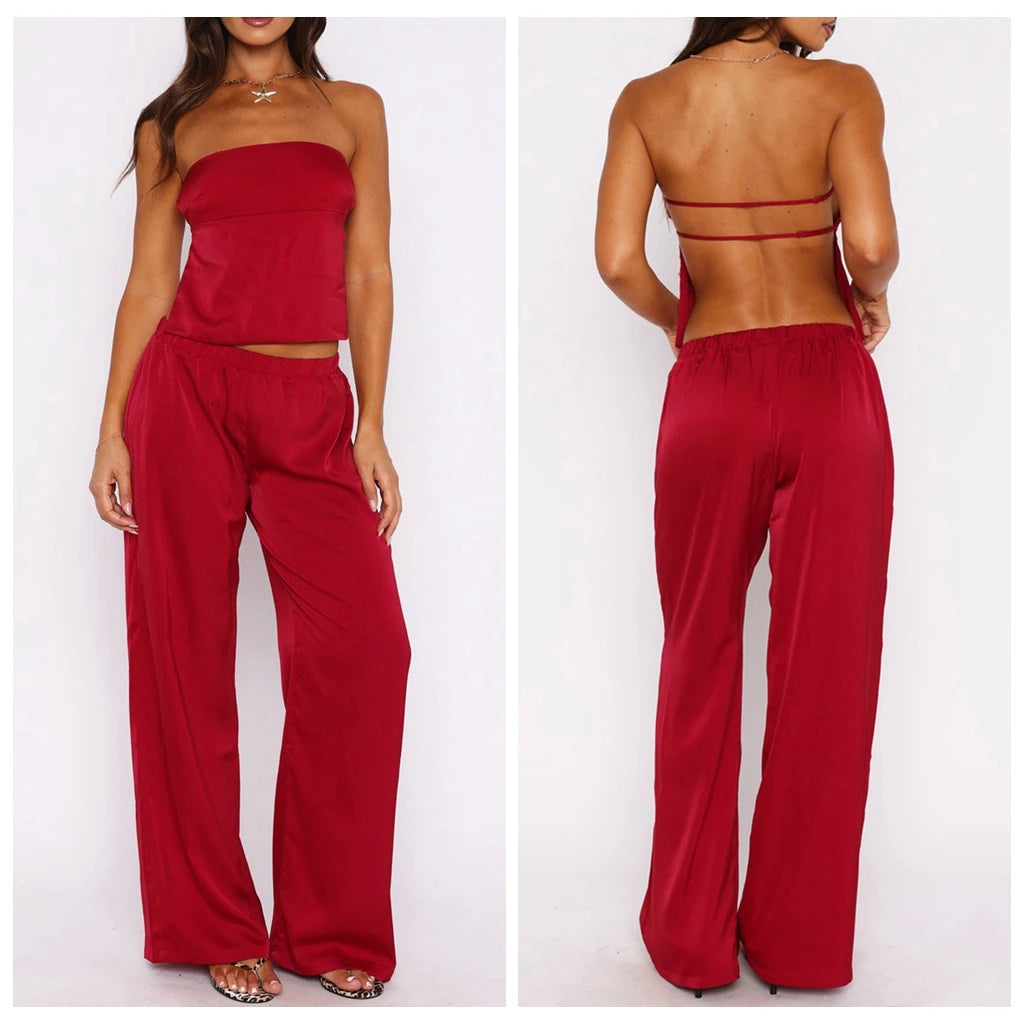 Elegant Satin Strapless Backless Crop Top And Elastic Waist Pants Set For Women