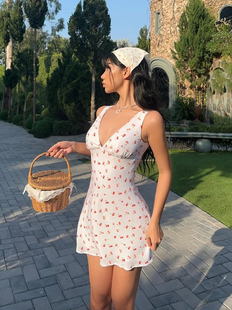 Cherry Print Straps Backless Draped Mini Dress