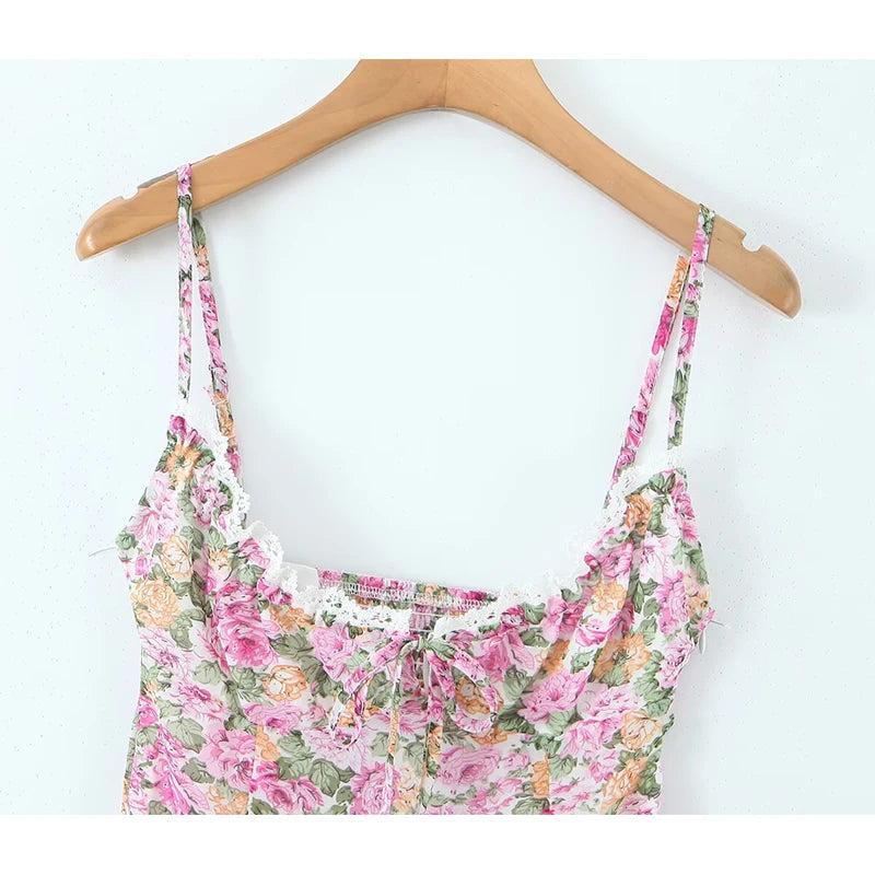 Floral Print Sexy Sling Mini Women Lace Spliced O Neck A-line Dress