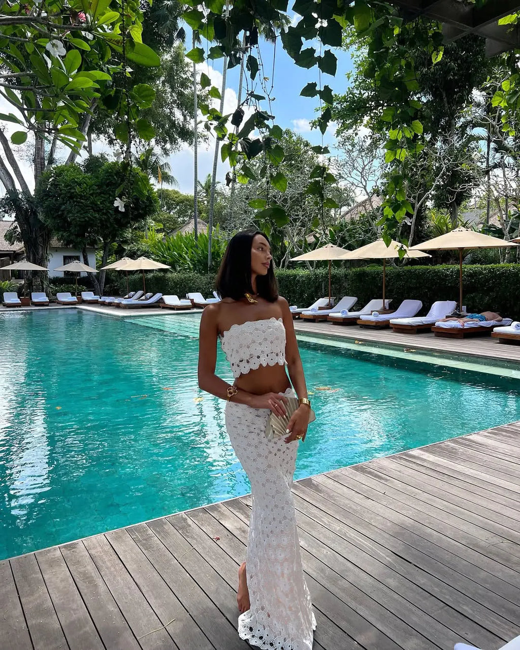 Mesh Set With Tube Top Hollow Out Cover Up Skirt