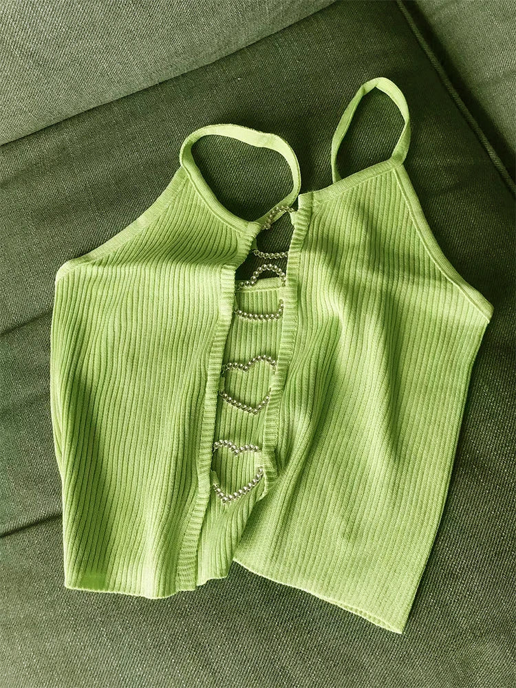 Ribbed Crop Top With Sleeveless Back Heart Decor Cami
