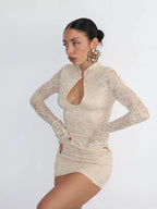 Sexy Lace Mini Dress With Sheer Panels Hollow Out Details Turtleneck Flare Sleeves Bodycon Style