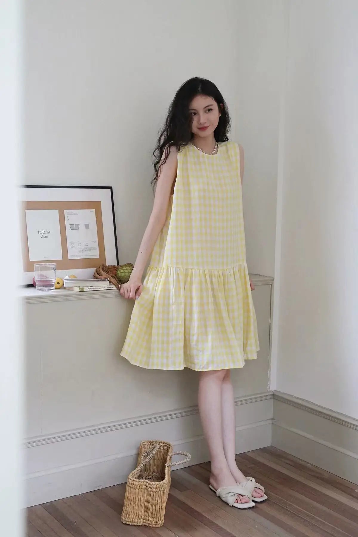 Sunny Plaid Cotton Dress Sleeveless Round Neck Vacation Dress