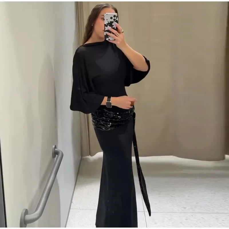 Backless Sequin Patchwork Maxi Dress With Wide Sleeves
