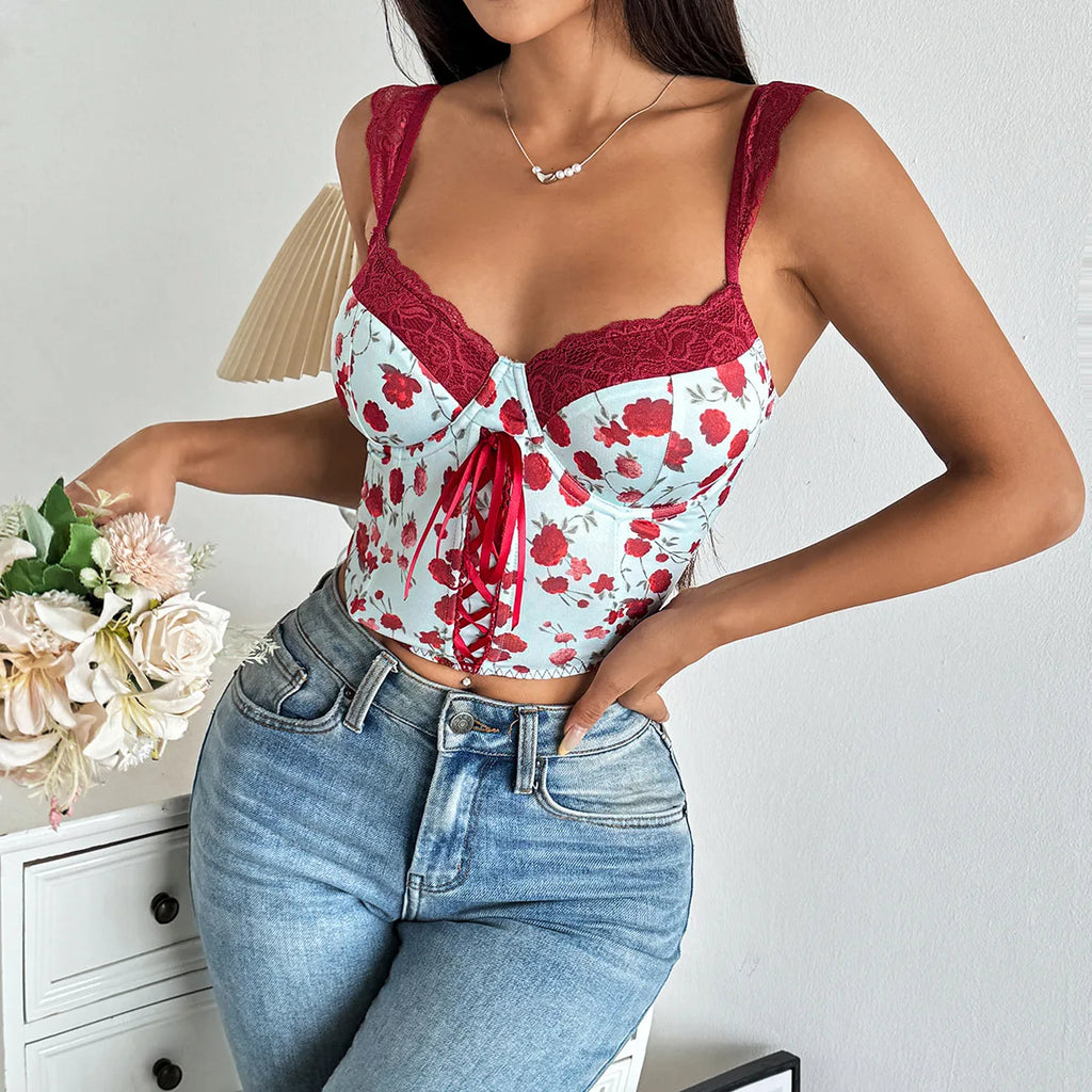 Floral Cami Top With Lace Trim Underwire Bandage Fishbone Backless Corset
