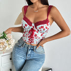 Floral Cami Top With Lace Trim Underwire Bandage Fishbone Backless Corset