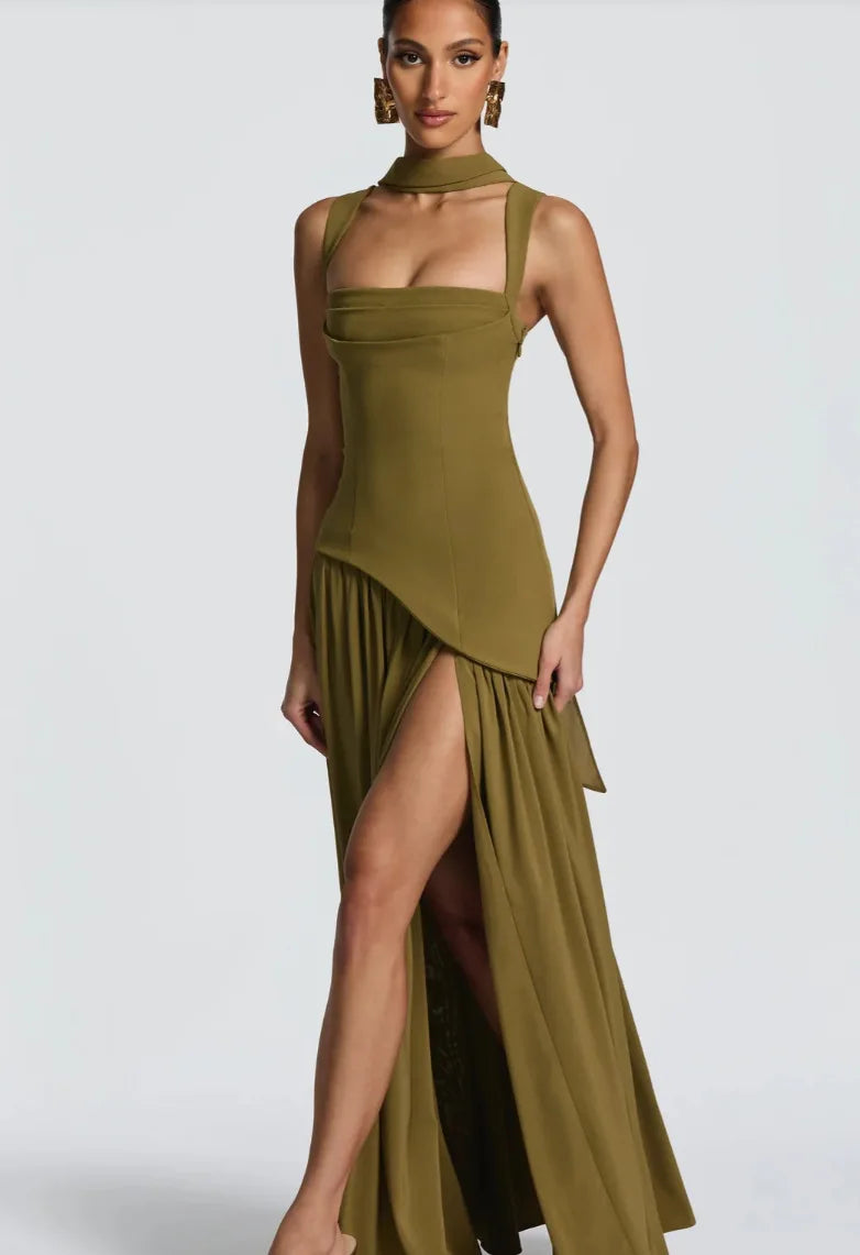 Olive Green Maxi Dress With Scarf Flowy Silhouette