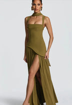 Olive Green Maxi Dress With Scarf Flowy Silhouette