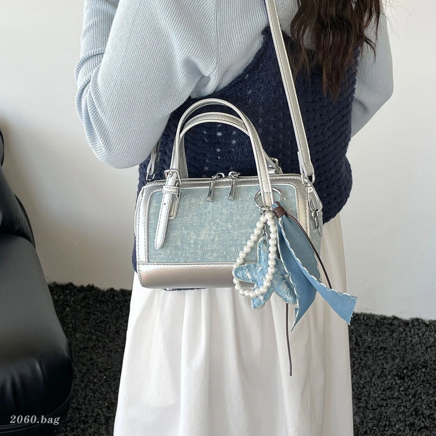 Denim Crossbody Bag With Embroidered Ruched Detailing And Subtle Rivet Accents