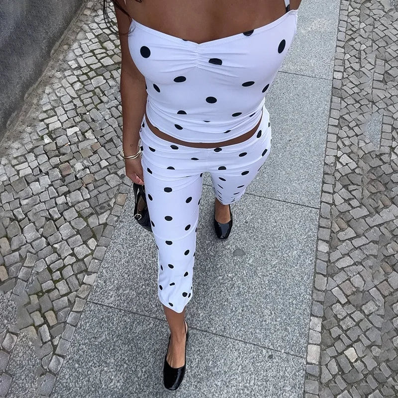 Polka Dot Set With Crop Cami Top And Slim Capri Trousers