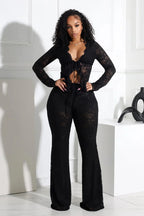 See Through Lace Set With Long Sleeve Top And Pants