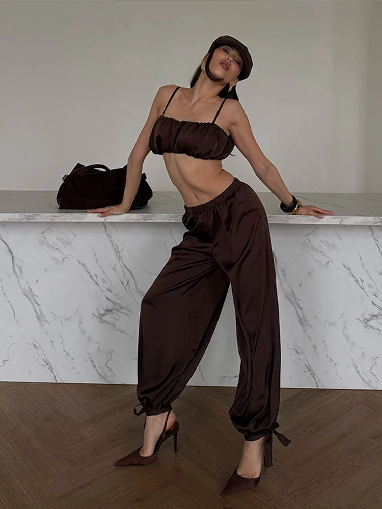 Women's Trousers 2 Pcs Suits Pleated Spaghetti Strap Cropped Tube Tops Elastic Waist Lace Up Pants