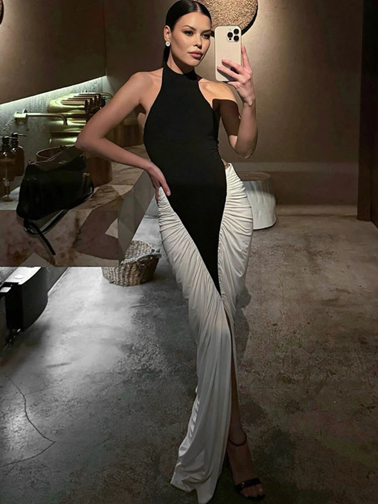 Nibber Backless Patchwork Halter Maxi Dress With Slit