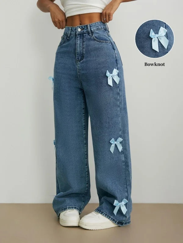 Street Chic Bowknot Denim Jeans With Loose Straight Wide Leg Silhouette In Washed Finish