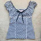 Vintage Square Neck Lace Trim Crop Top With Short Sleeves, Slim Fit Streetwear Tee