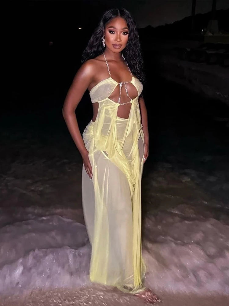 Backless Mesh Beach Dress With Halter Chain Deep V Ruched