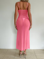 Sheer Mesh Maxi Dress With Lace Up Detail