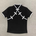 Ladies Blouse With Mandarin Collar Short Sleeve Crop Top Keyhole Frog Button Vintage Asymmetrical Design