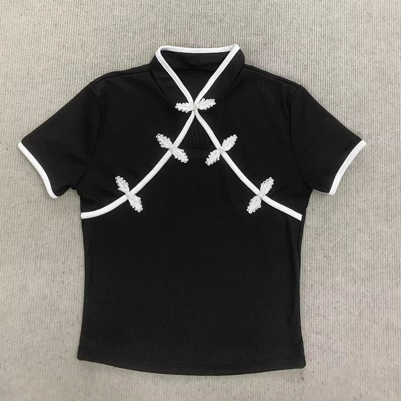 Ladies Blouse With Mandarin Collar Short Sleeve Crop Top Keyhole Frog Button Vintage Asymmetrical Design