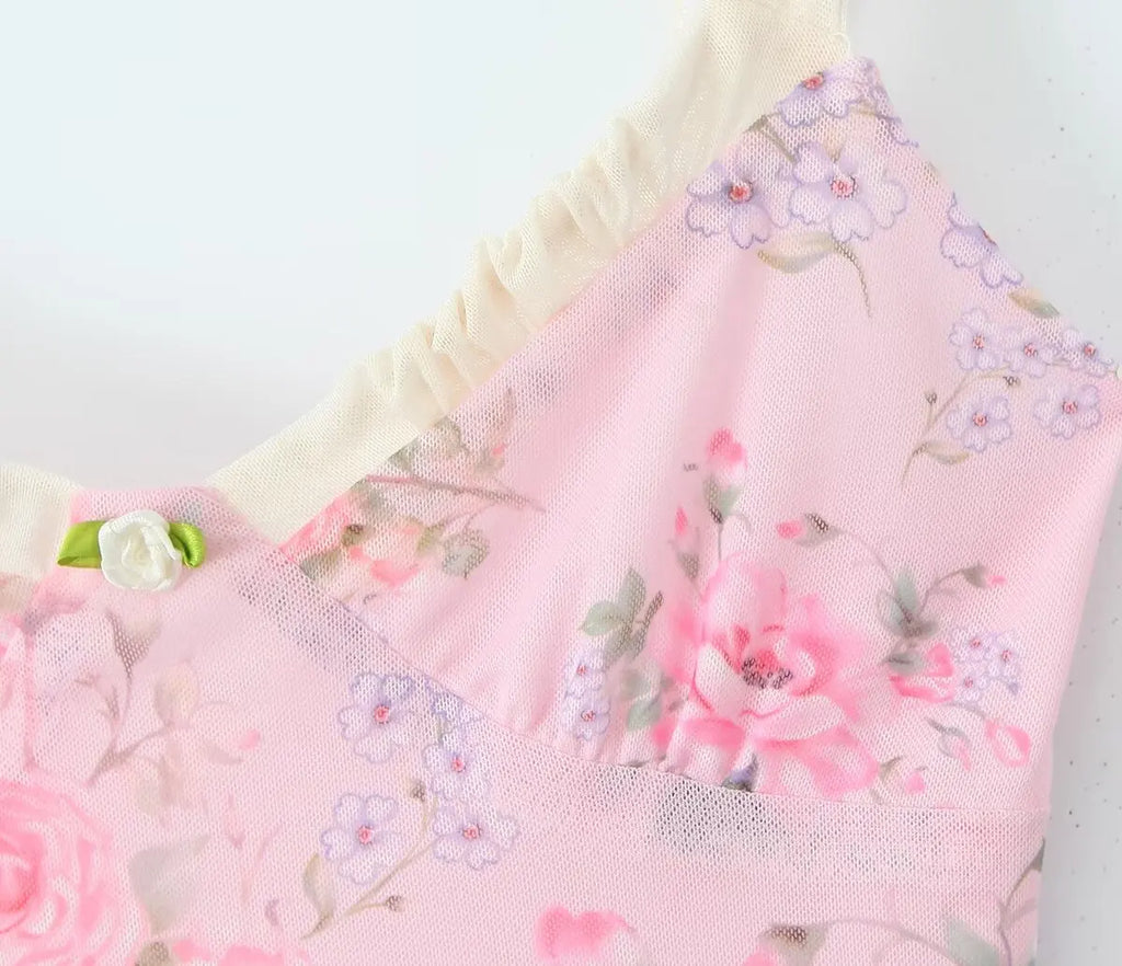 Vintage Pink Floral Print Mini Sexy Women's Dress