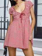 Plaid Bow Mini Dress With V Neck And Short Sleeves