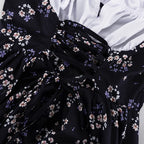 Floral Patchwork Mini Dress With Off Shoulder Square Collar Two Piece Look A Line