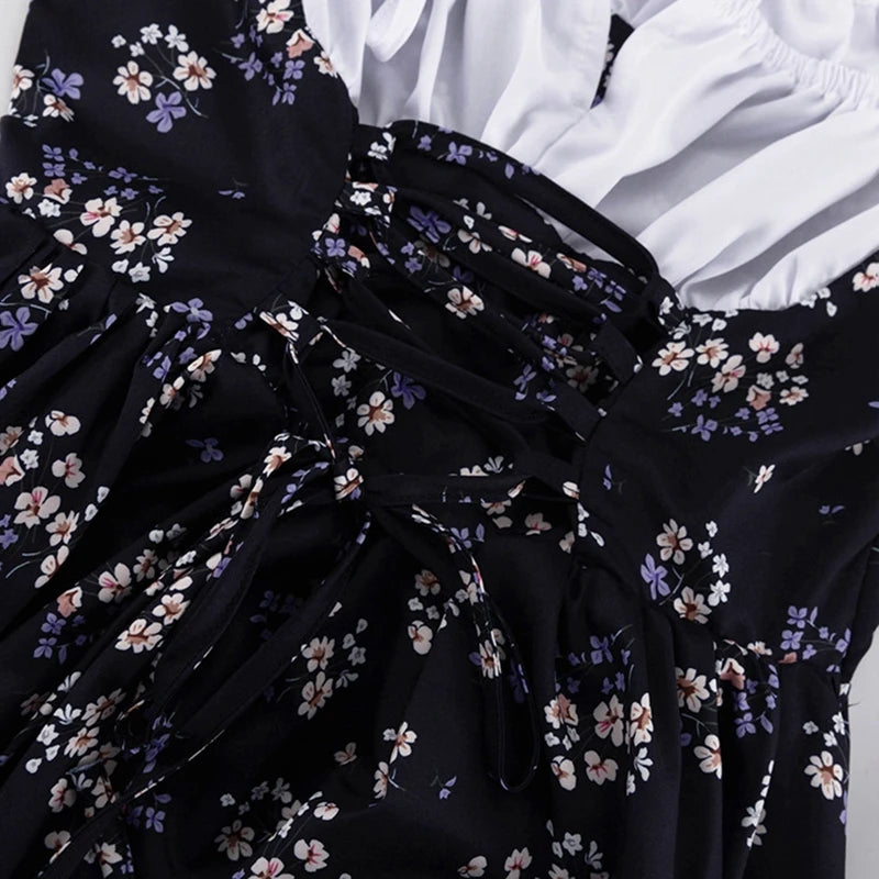 Floral Patchwork Mini Dress With Off Shoulder Square Collar Two Piece Look A Line