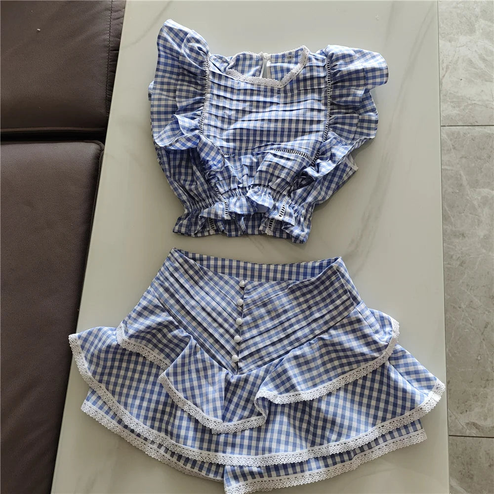 Cotton Plaid Ruffled Top And Shorts Set For Women