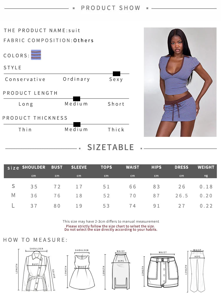 Stripe Patchwork Two Piece Set With V Neck Crop Top And Drawstring Mini Skirt
