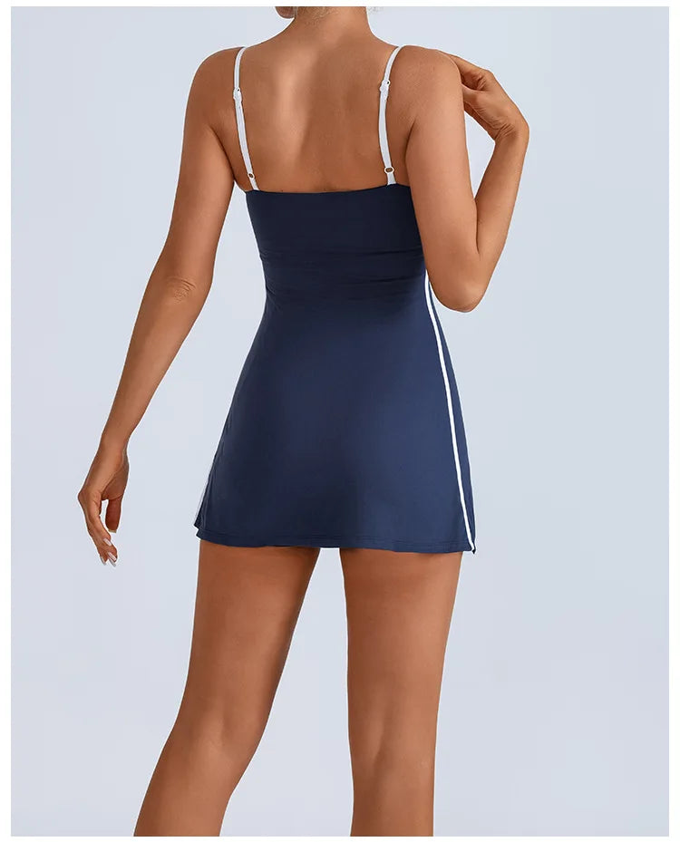 Women's Tennis Sleeveless Contrast Workout Yoga Build in Shorts Fashion Tight Fitting Skirts Suit
