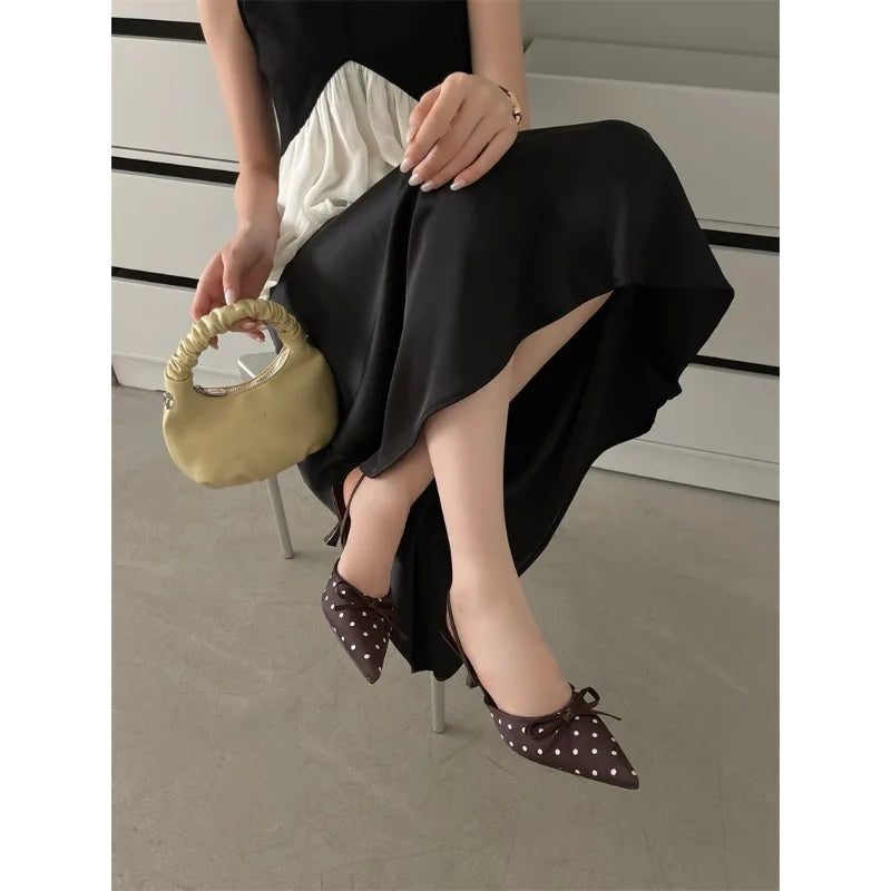 Satin Butterfly Polka Dot Pointed Toe Mules For Women Low Heel Pumps