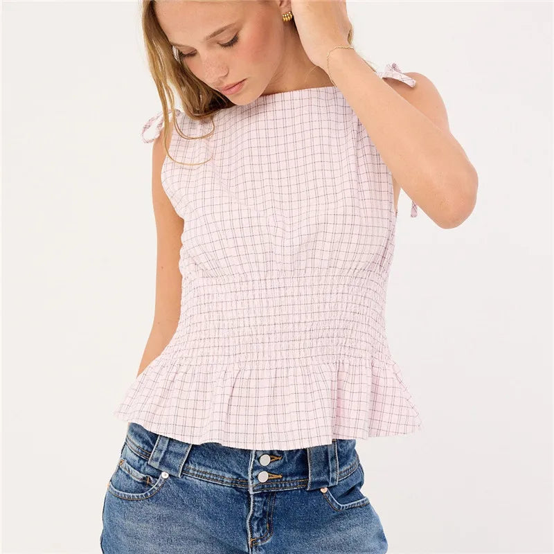 Gingham Tie Shoulder Tank Top With Shirred Ruffle Babydoll Silhouette Vintage Inspired