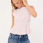 Gingham Tie Shoulder Tank Top With Shirred Ruffle Babydoll Silhouette Vintage Inspired