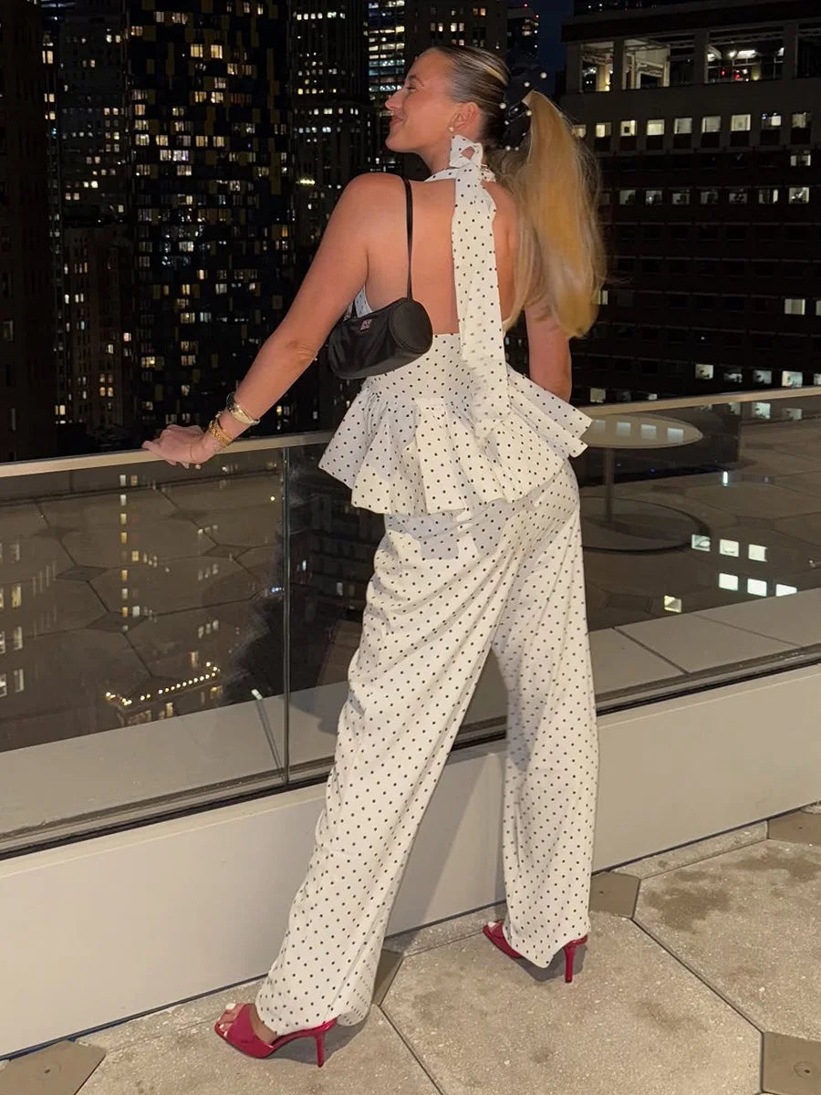 Dot Print Halter Top Set With Wide Leg Pants