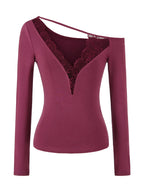 Lace Splice Long Sleeve Vneck Top For Night Out Chic