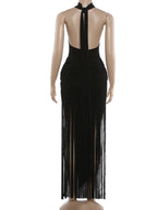 Velvet Halter Turtleneck Backless Mini Dress With Ruched Patchwork Tassel Hem