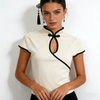 Ladies Blouse With Mandarin Collar Short Sleeve Crop Top Keyhole Frog Button Vintage Asymmetrical Design