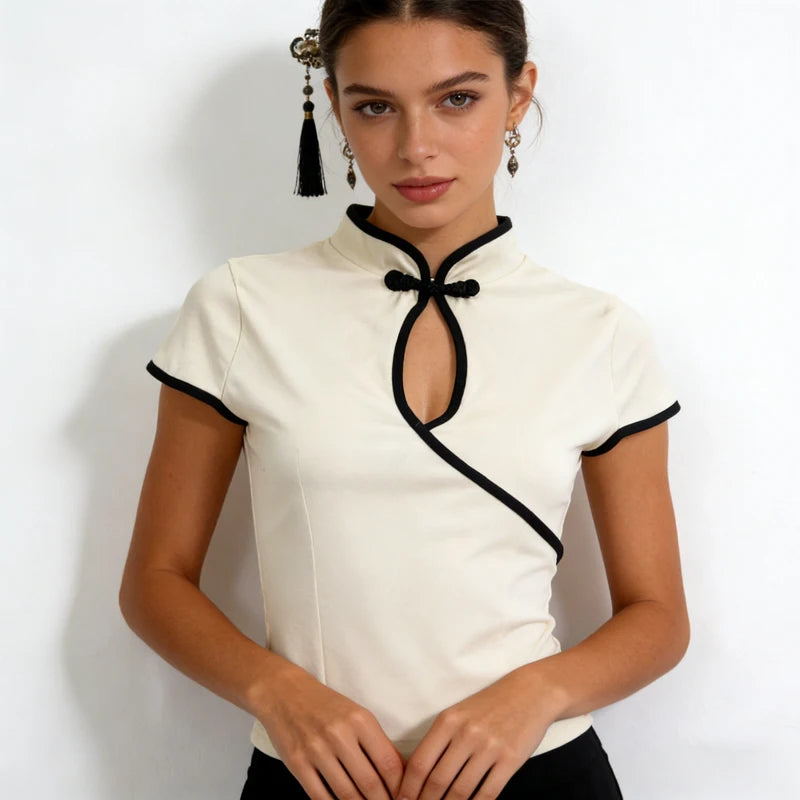 Ladies Blouse With Mandarin Collar Short Sleeve Crop Top Keyhole Frog Button Vintage Asymmetrical Design